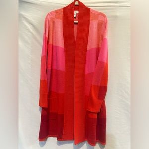 Like New - Isaac Mizrahi Live Pink/Red Plaid Open Front Long Cardigan - Large
